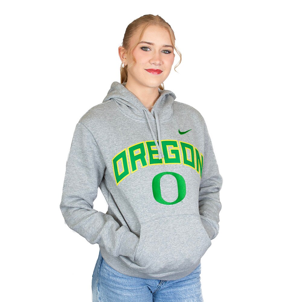 Classic Oregon O, Nike, Grey, Hoodie, Cotton Blend, Women, Fleece, Pullover, Sweatshirt, 954292
